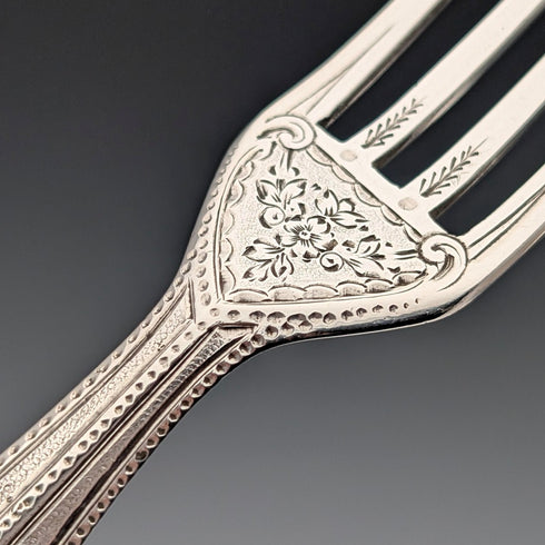 1876 British antique sterling silver blade and white mother of pearl handle cutlery set of 6 in wooden box by James Dixon & Sons